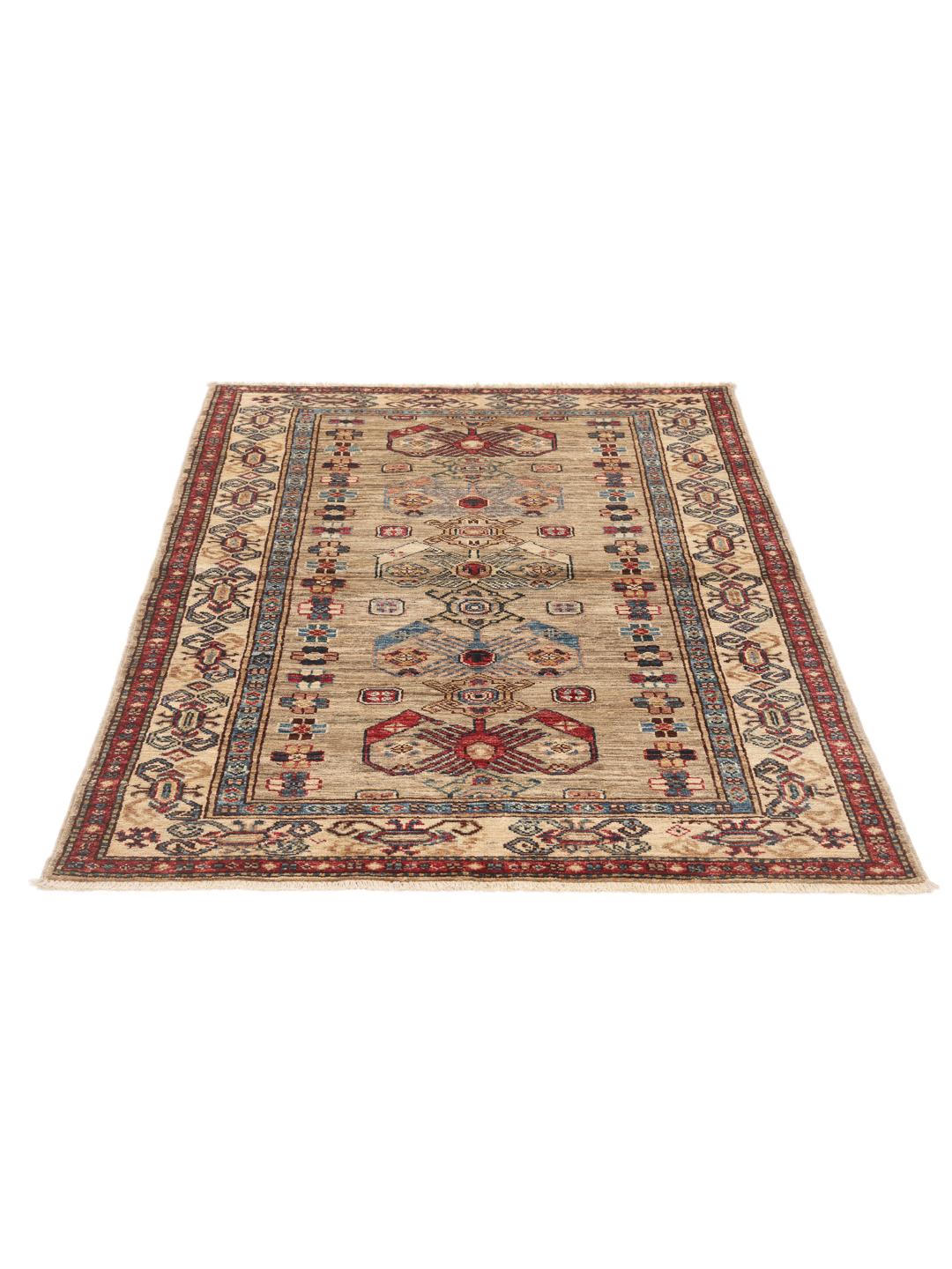 Handgeknoopt Kazak tapijt uit Afghanistan met beige, rode en blauwe geometrische motieven.