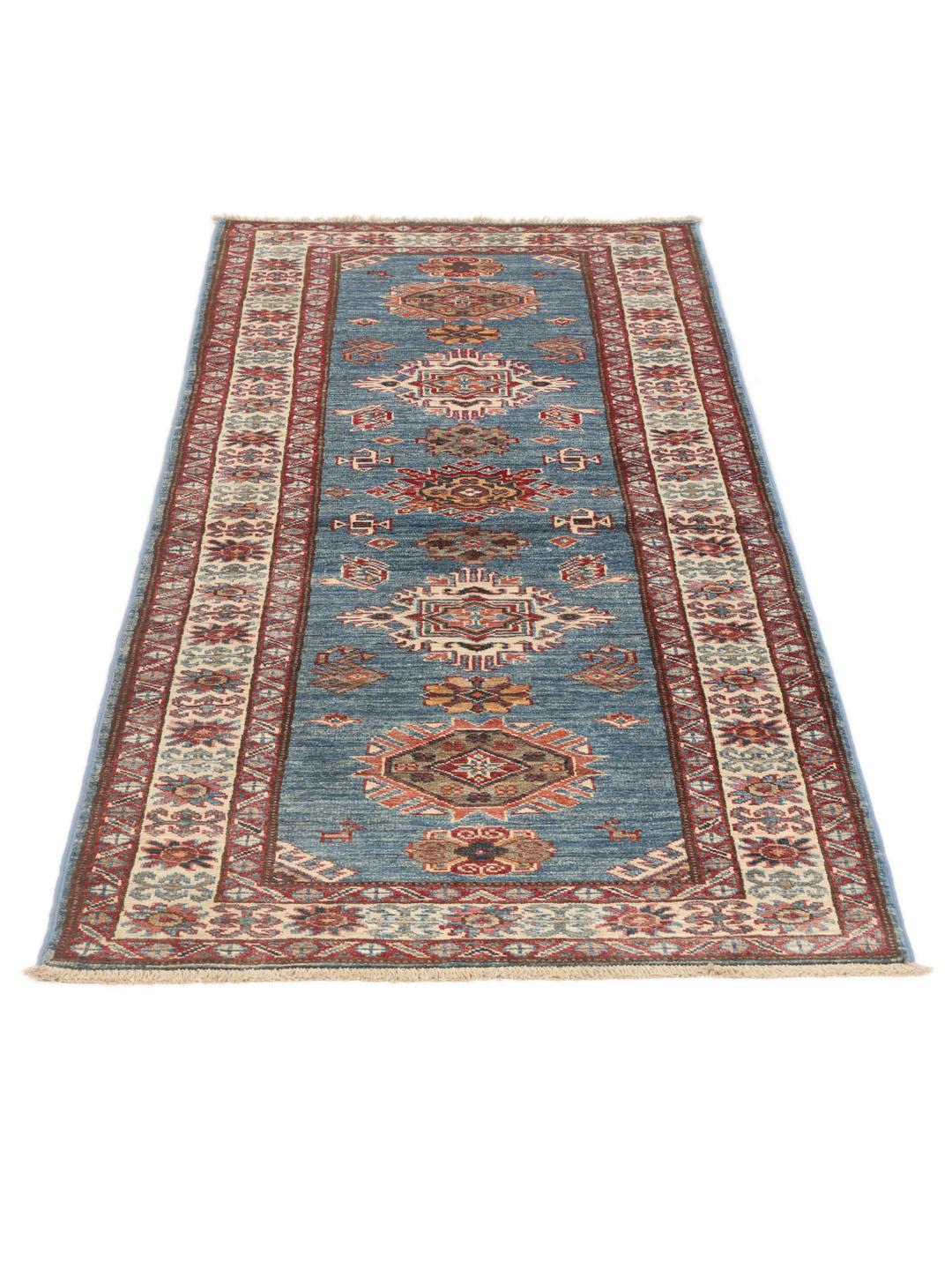 Handgemaakte Kazak Ariana loper uit Afghanistan met een blauw veld en geometrische motieven