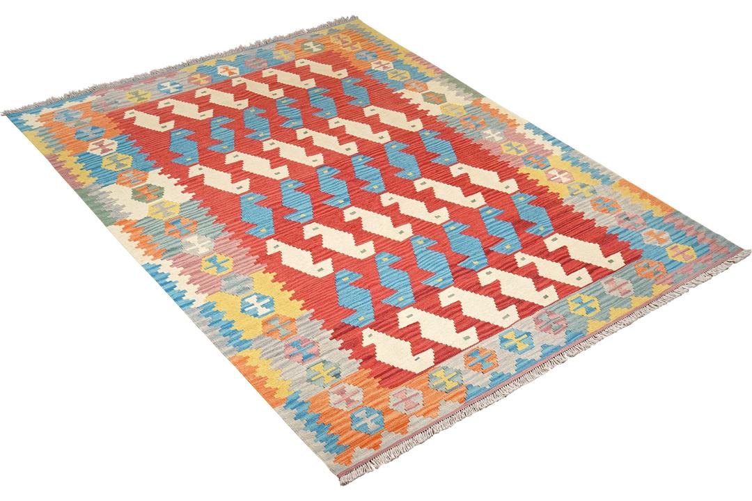 Håndvævet, flerfarvet Kilim Qashqai-tæppe med geometriske motiver fra Mellemøsten