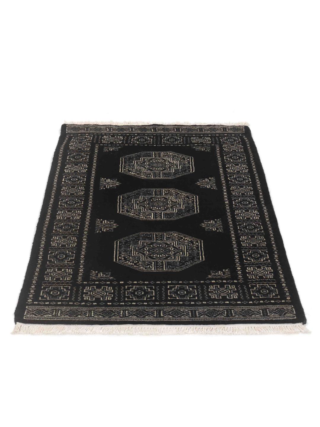 Hand-knotted Pakistan Bokhara rug in black with traditional geometric motifs