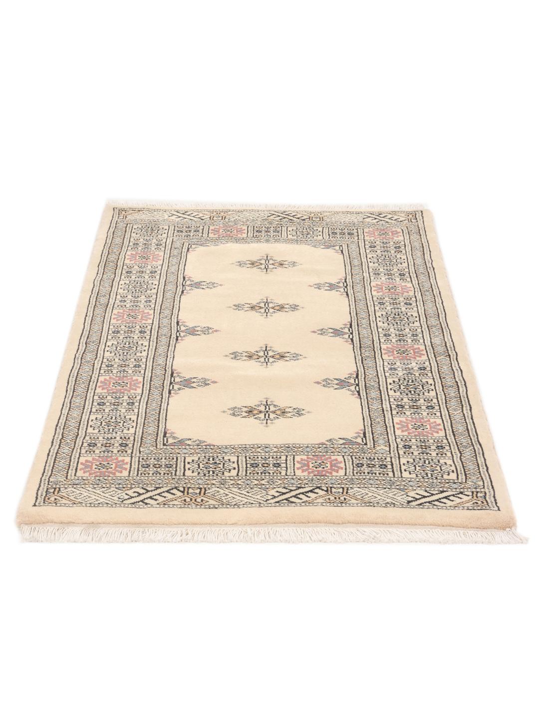 Hand-knotted Pakistan Bokhara 3ply rug in beige with traditional geometric motifs