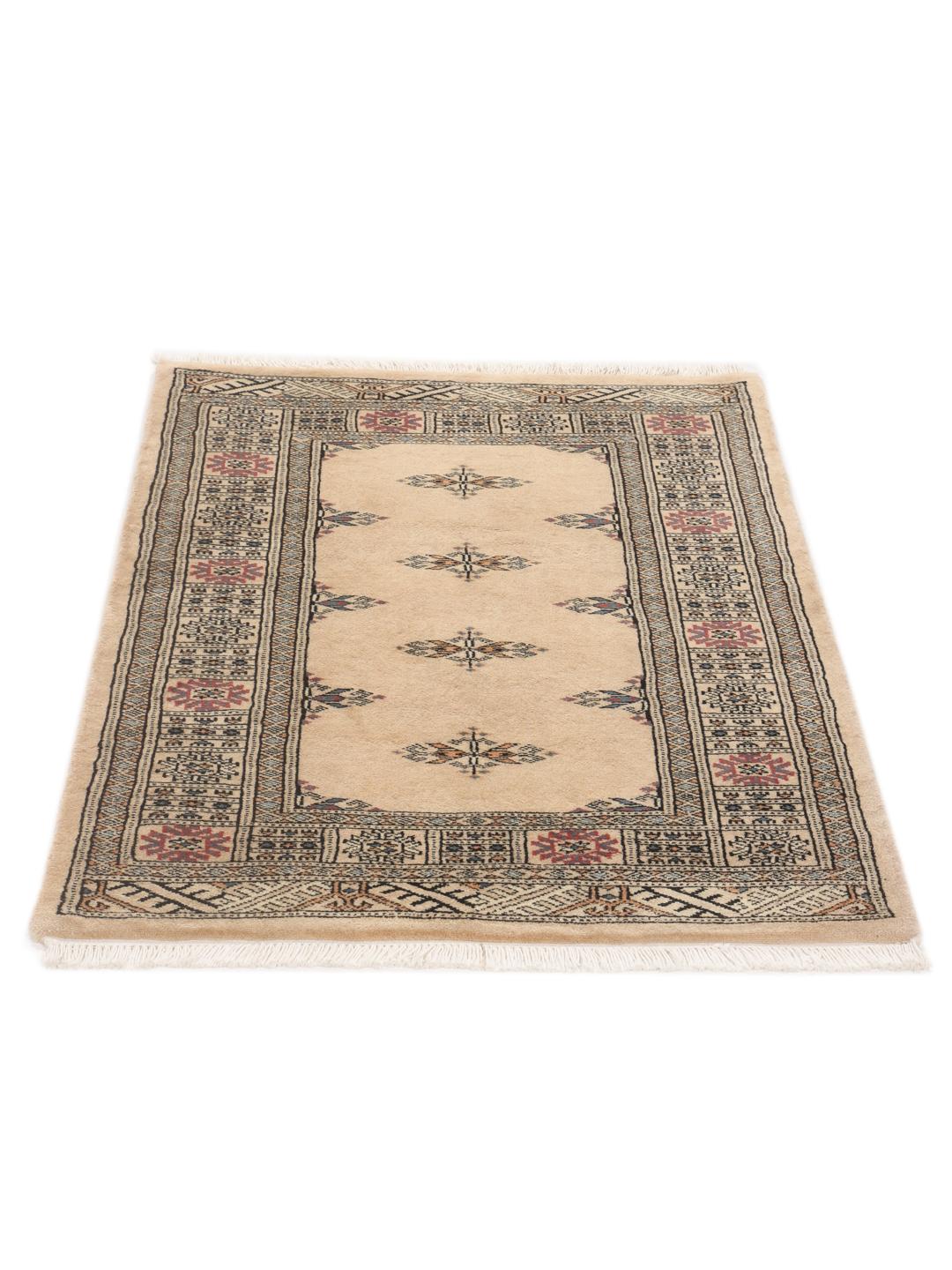 Hand-knotted Pakistan Bokhara 3ply rug in beige with traditional geometric motifs