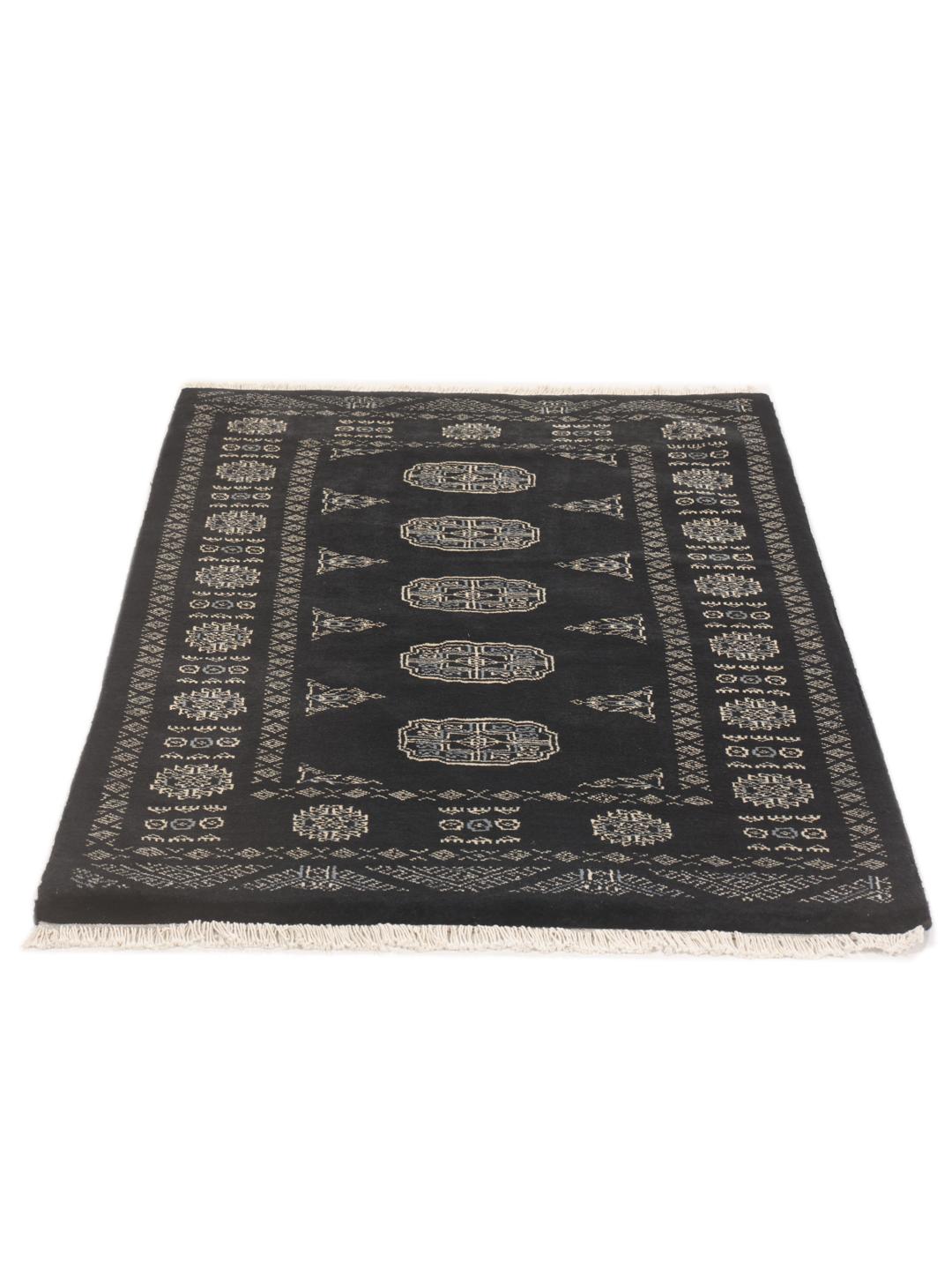 Hand-knotted Pakistan Bokhara rug in black with traditional geometric motifs