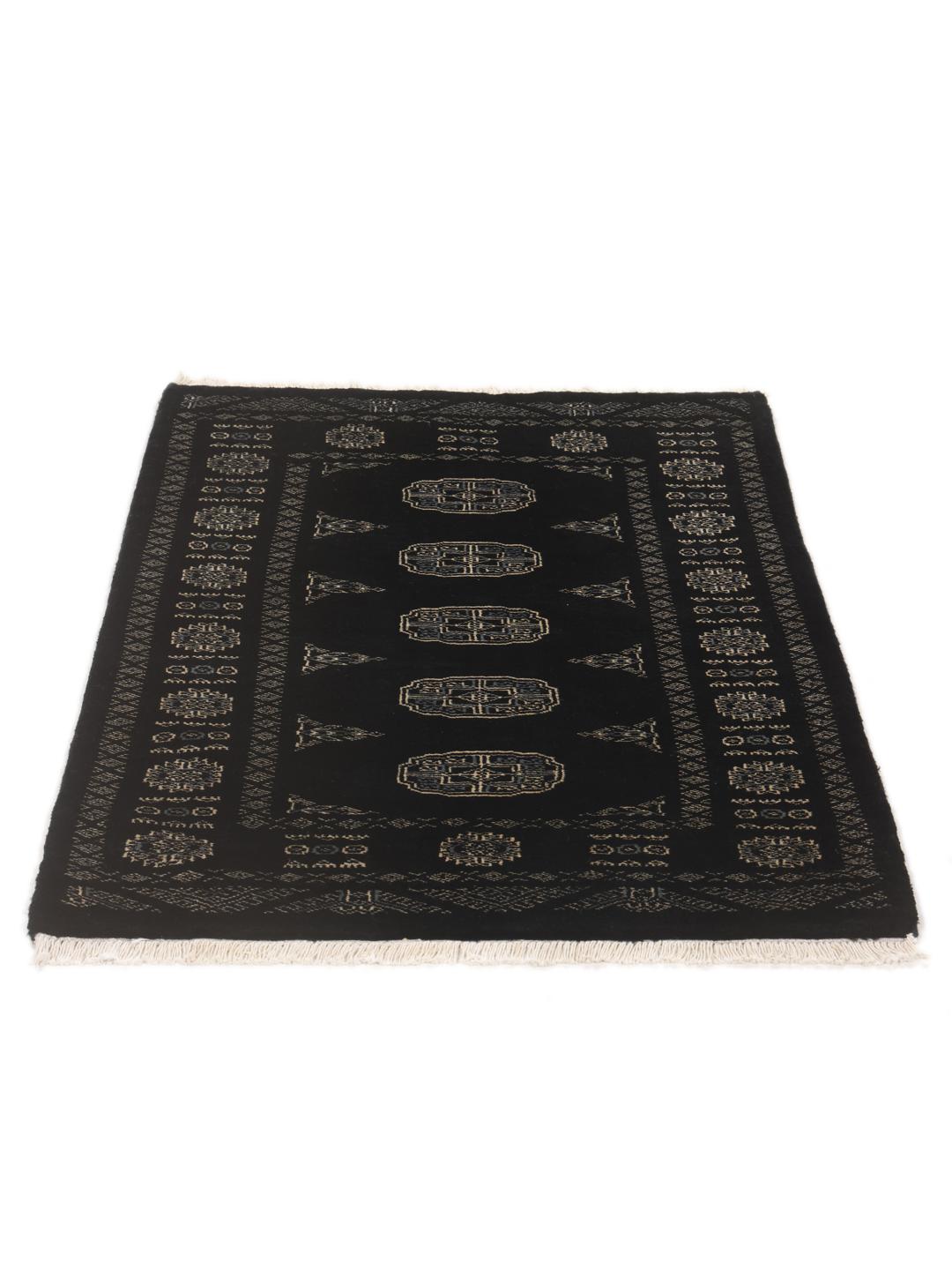 Hand-knotted Pakistan Bokhara rug in black with traditional geometric motifs