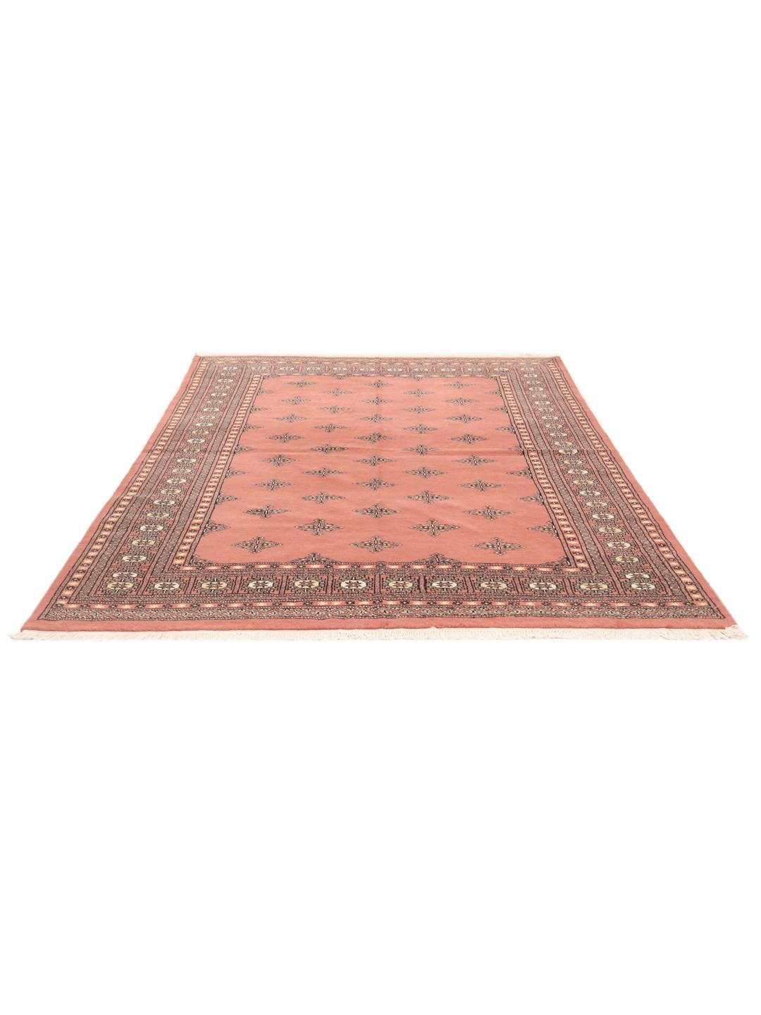 Een handgeknoopt Pakistan Bokhara 2ply vloerkleed met een rood veld en herhalende geometrische motieven.