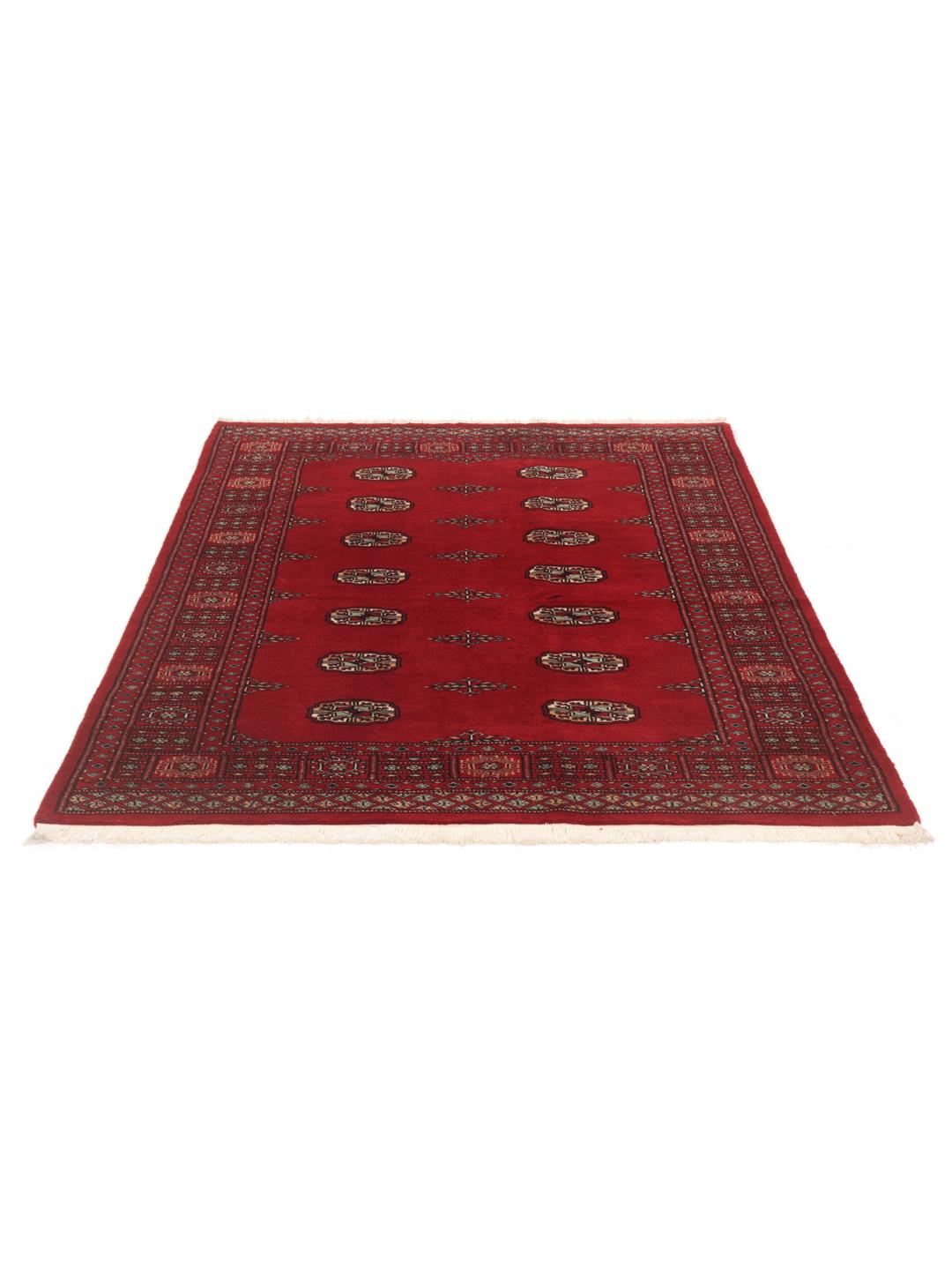 Hand-knotted Pakistan Bokhara rug in a deep red color with traditional motifs.