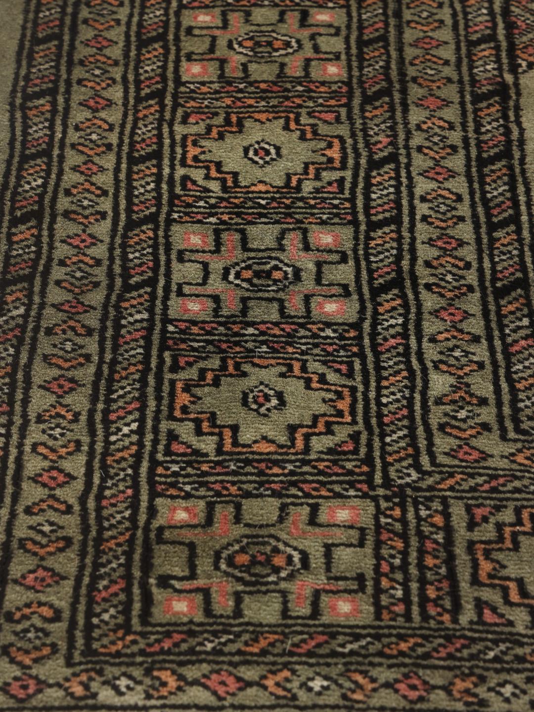 A hand-knotted Pakistan Bokhara 3ply rug with a green field and traditional motifs.