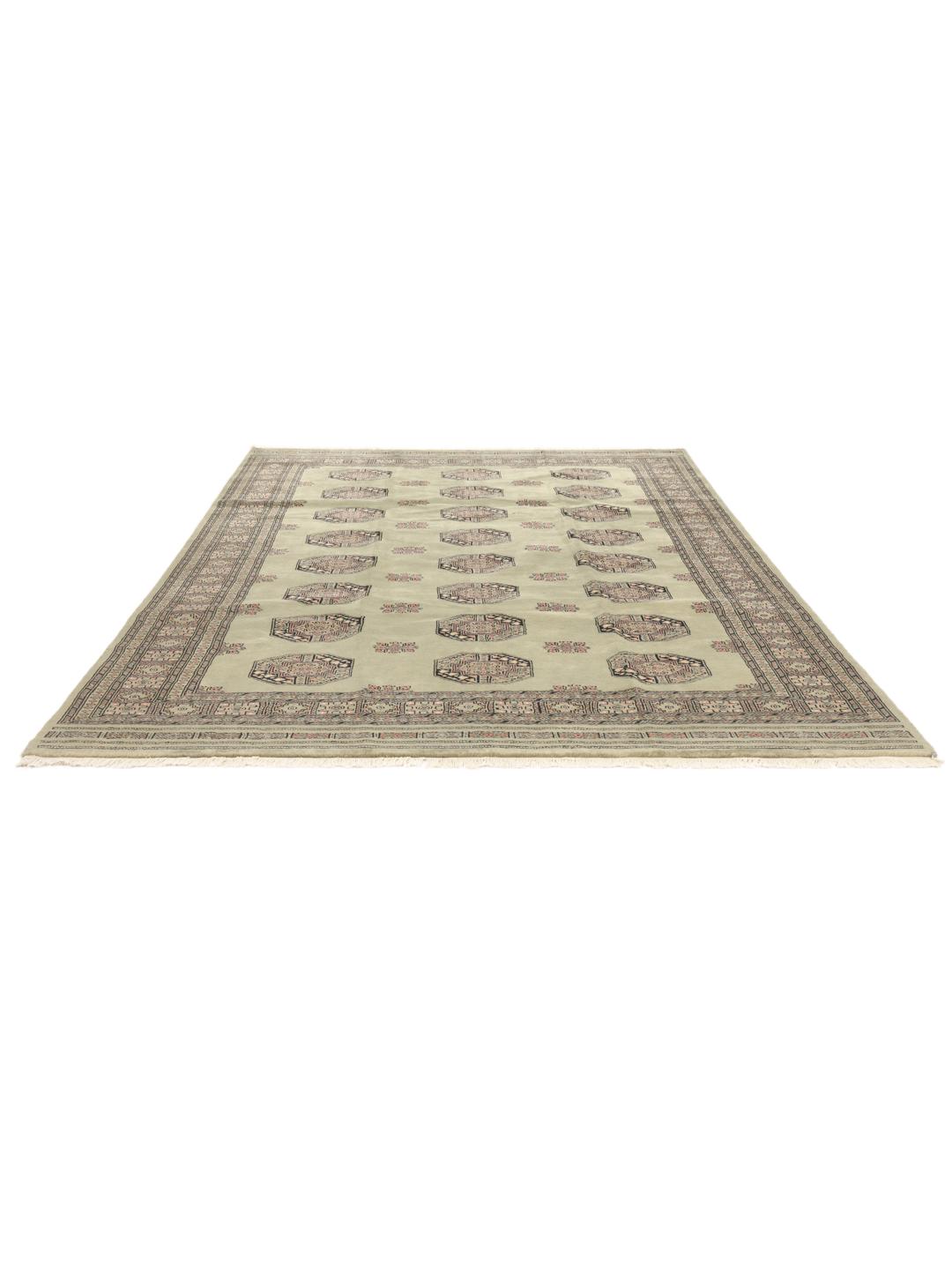 A hand-knotted Pakistan Bokhara 3ply rug with a green field and traditional motifs.