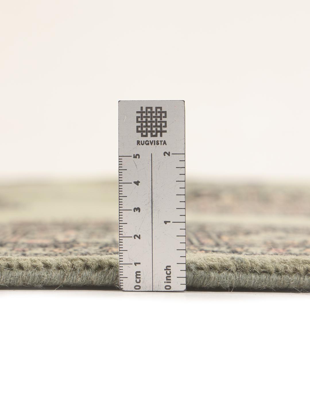 A hand-knotted Pakistan Bokhara 3ply rug with a green field and traditional motifs.