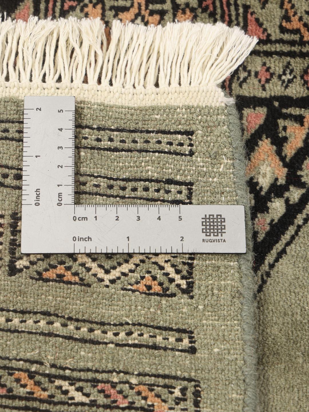 A hand-knotted Pakistan Bokhara 3ply rug with a green field and traditional motifs.