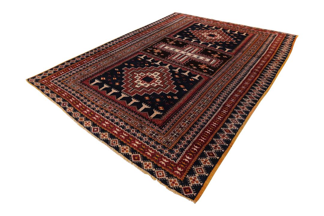 Handgeknüpfter Vintage-Teppich aus Marokko mit geometrischen Motiven in Dunkelblau und Rot