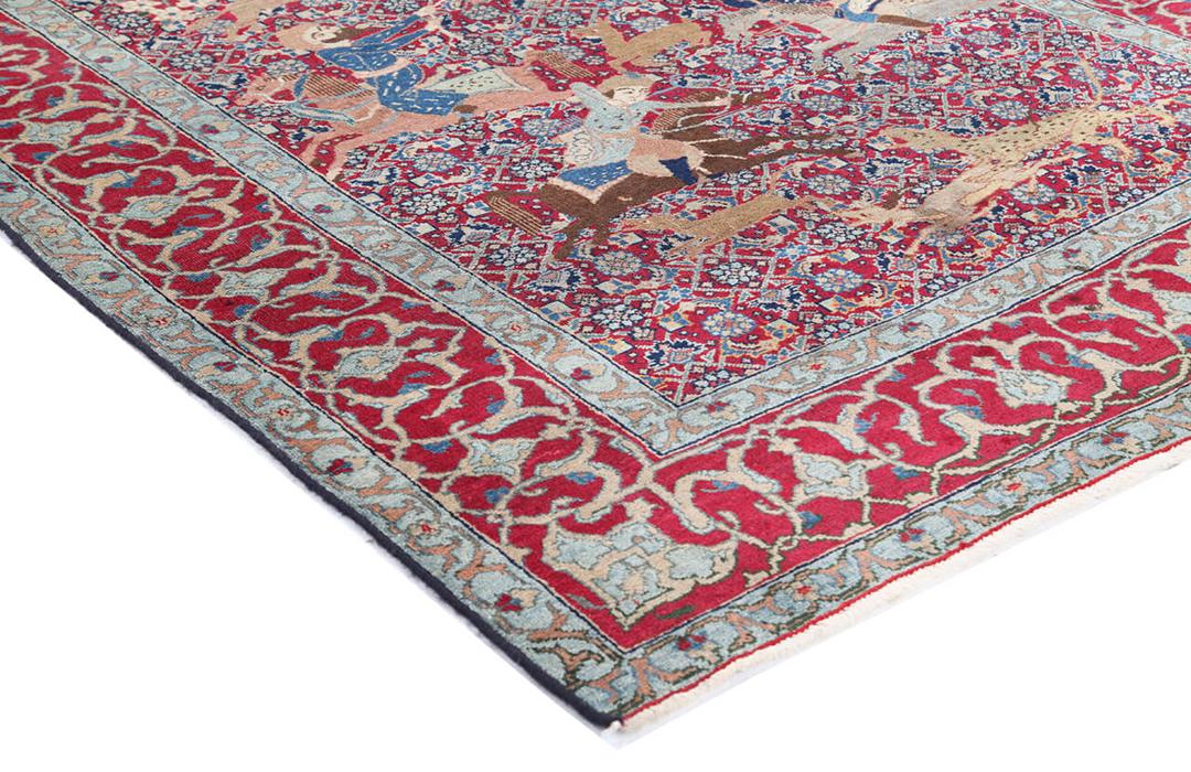 Antiek Tabriz-tapijt met rood veld en ingewikkelde jachtscène