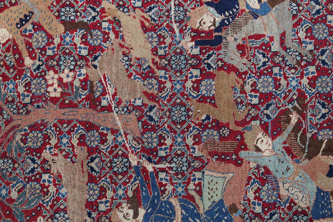 Antiek Tabriz-tapijt met rood veld en ingewikkelde jachtscène