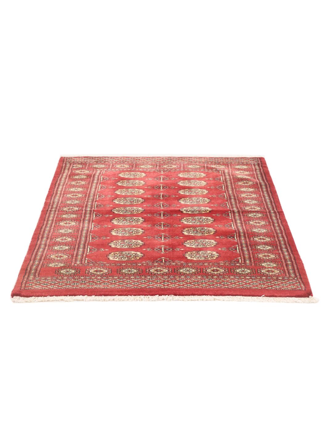 Hand-knotted Pakistan Bokhara 3ply rug in dark-red with repeating medallion motifs