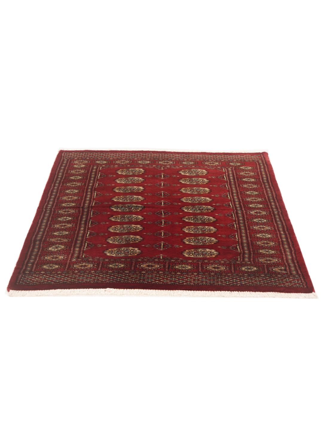 Hand-knotted Pakistan Bokhara 3ply rug in dark-red with repeating medallion motifs