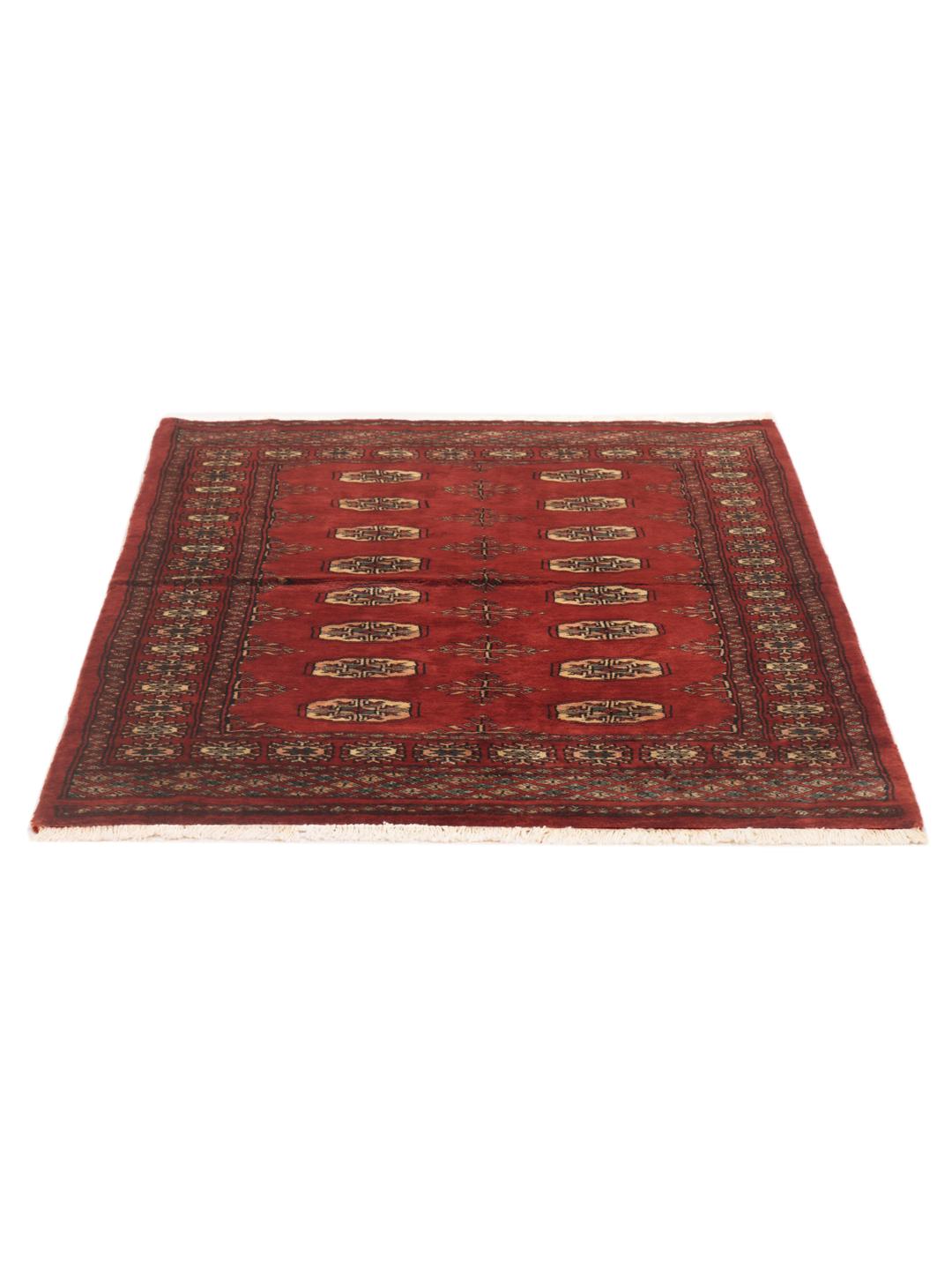 Hand-knotted Pakistan Bokhara 3ply rug in red with traditional motifs