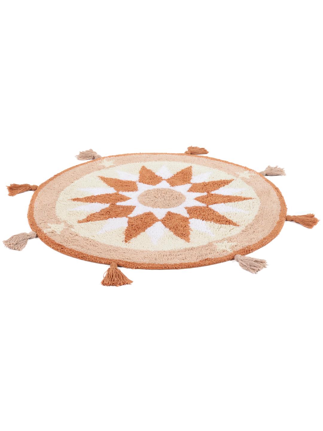 Tapis de bain rond terracotta avec motif étoile et bordure à franges