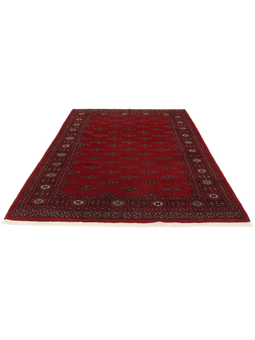 Hand-knotted Pakistan Bokhara 3ply rug in dark-red with traditional motifs