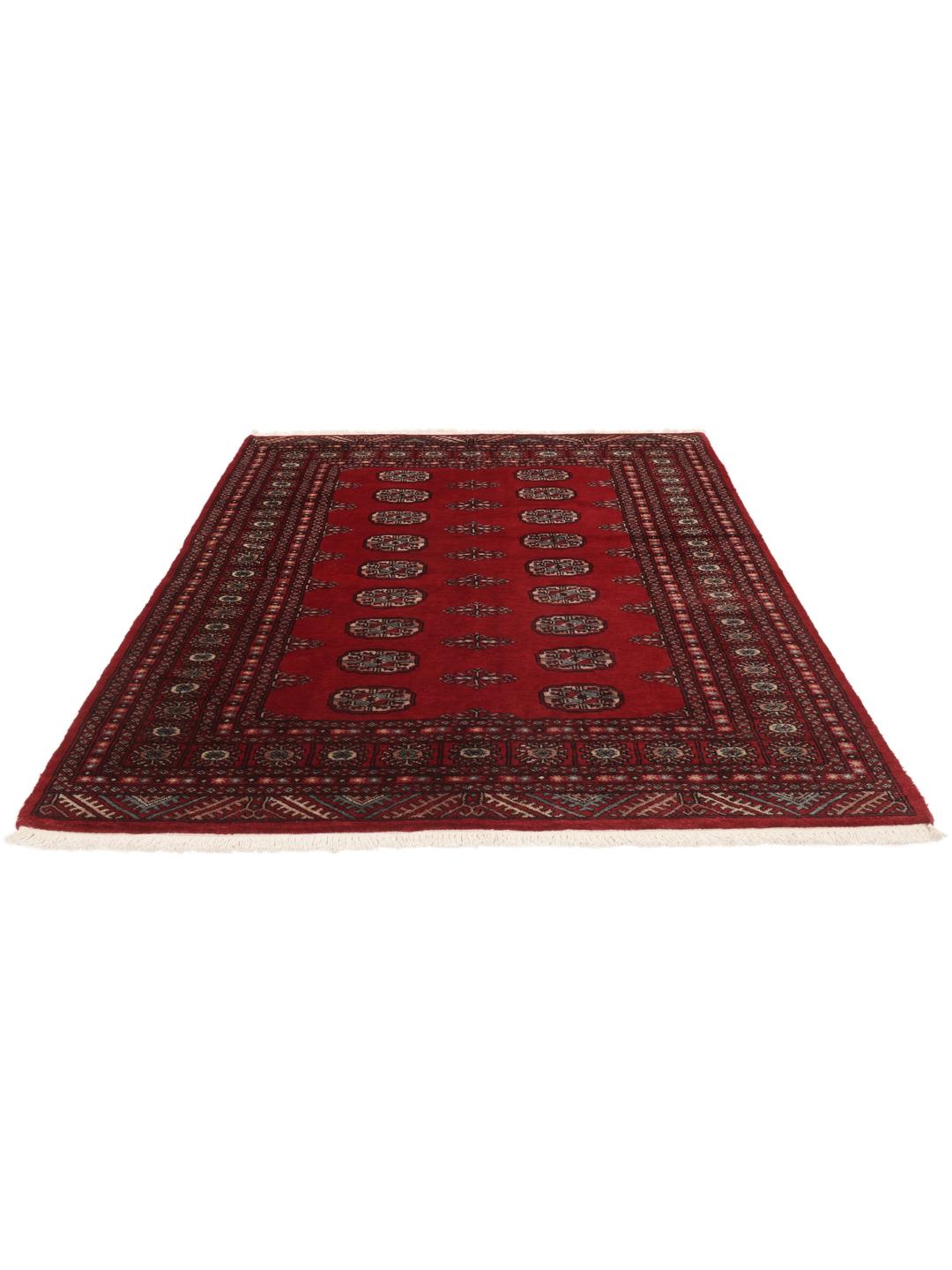 Hand-knotted Pakistan Bokhara 3ply rug with traditional red field and geometric motifs