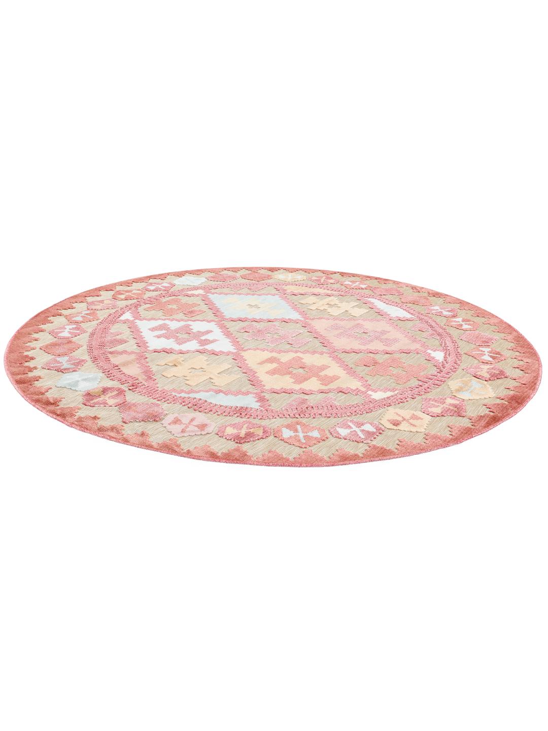 Rond vloerkleed met een beige en meerkleurig patroon geïnspireerd op kilims