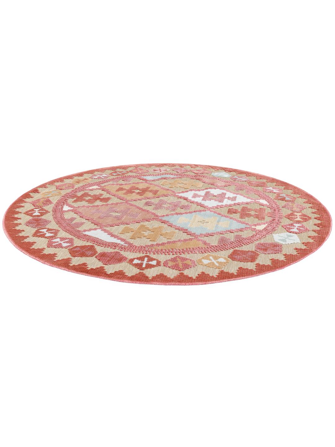 Rond vloerkleed met een beige en meerkleurig patroon geïnspireerd op kilims