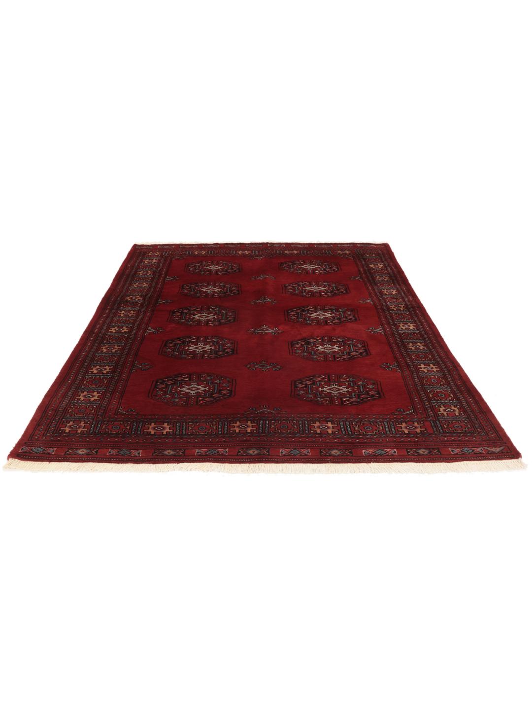 A hand-knotted Pakistan Bokhara rug in deep red with traditional gul motifs.
