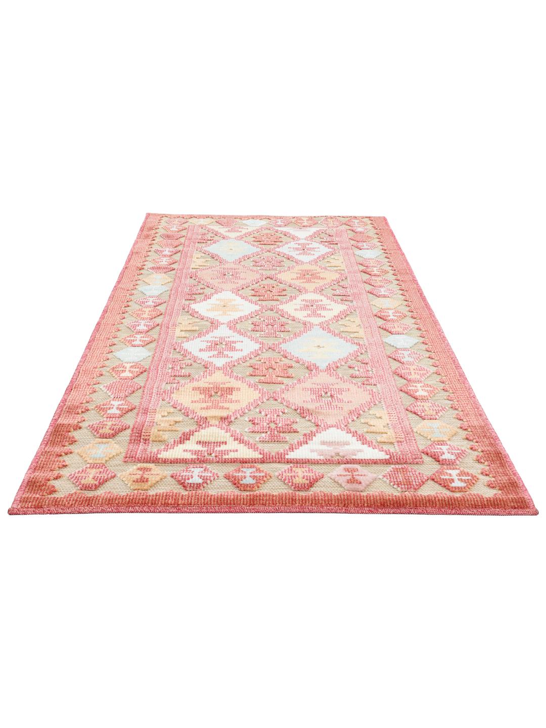 Een beige en multicolour geometrisch loperkleed geschikt voor binnen- en buitengebruik