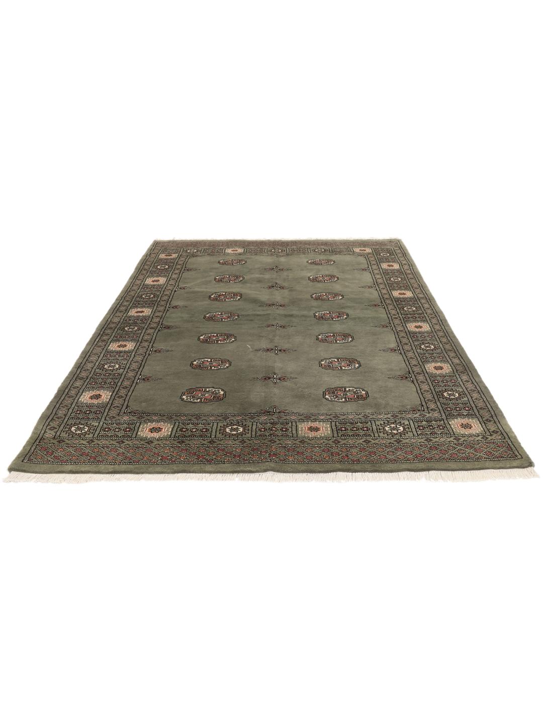 A hand-knotted Pakistan Bokhara 3ply rug with a sage green field and traditional motifs.