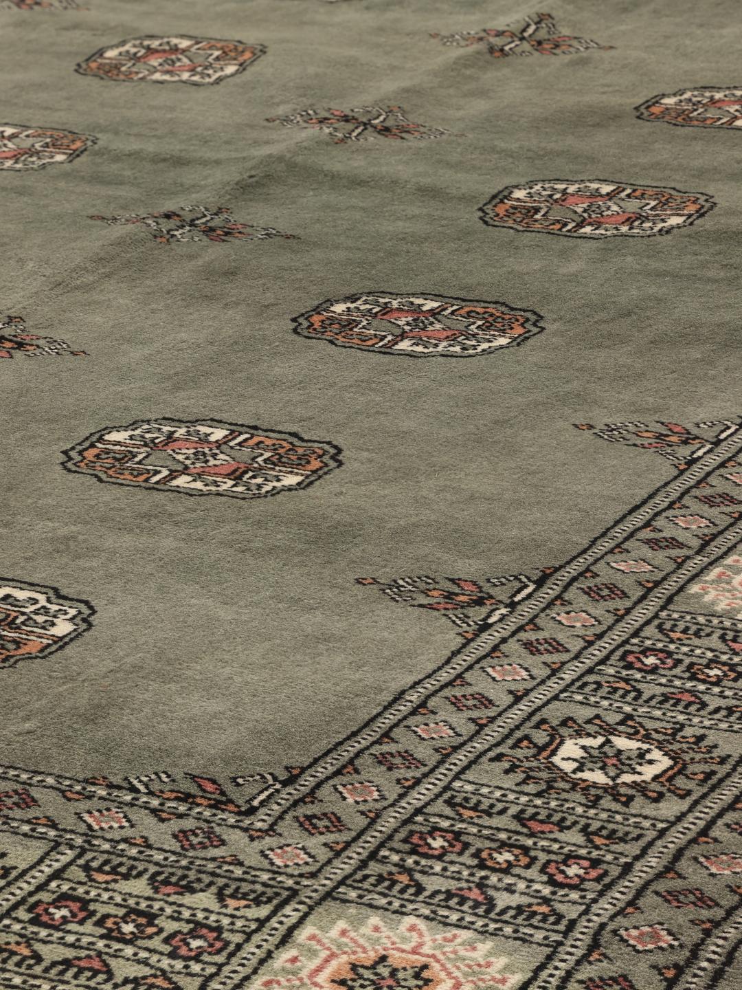 A hand-knotted Pakistan Bokhara 3ply rug with a sage green field and traditional motifs.