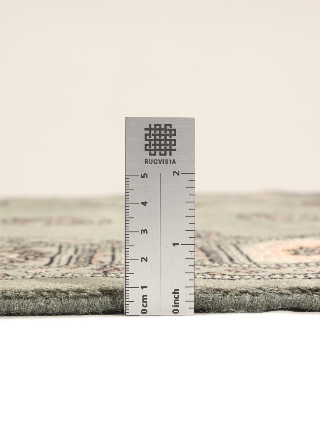 A hand-knotted Pakistan Bokhara 3ply rug with a sage green field and traditional motifs.
