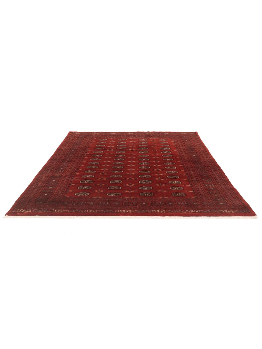 Håndknyttet Pakistan Bokhara 3ply-tæppe i rige røde nuancer med gentagne geometriske motiver.