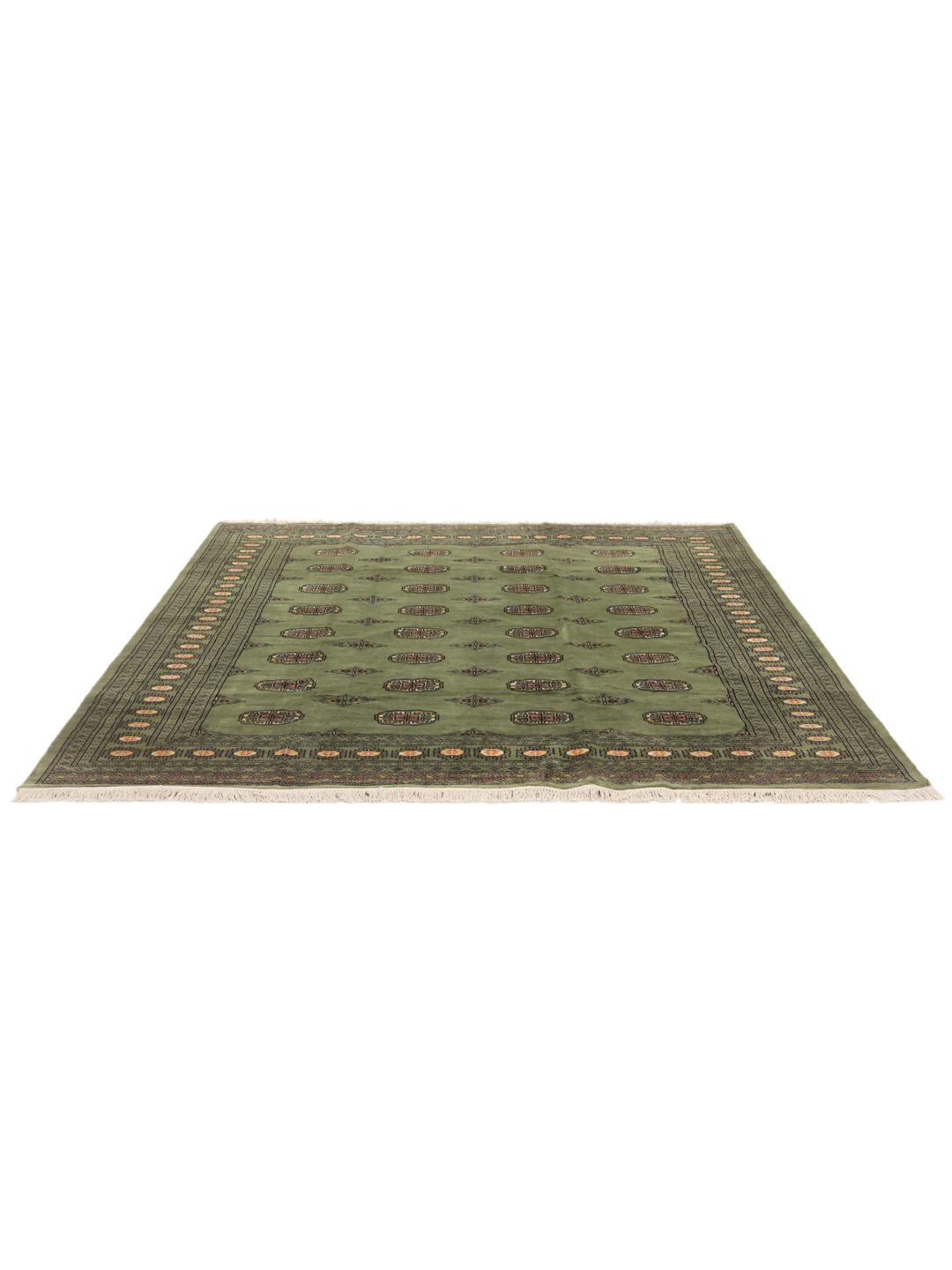 Hand-knotted Pakistan Bokhara rug in green with traditional motifs