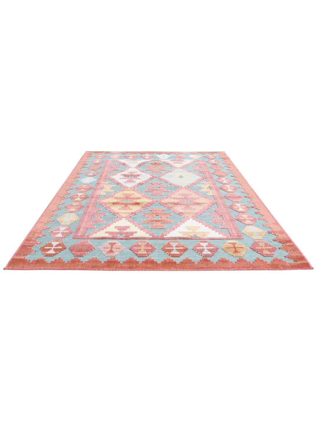 Turquoise vloerkleed met geometrisch kilim patroon