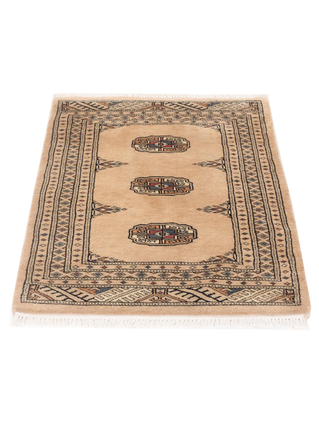 A hand-knotted Pakistani Bokhara rug in beige with traditional medallion motifs.