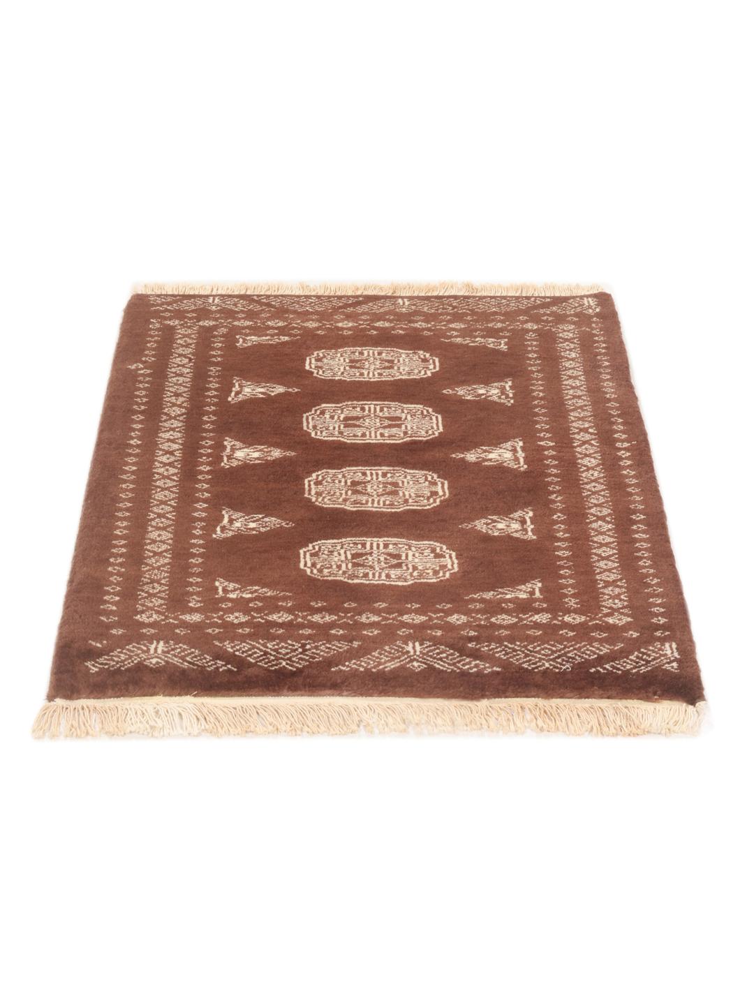 Hand-knotted Pakistan Bokhara rug in deep brown with traditional motifs