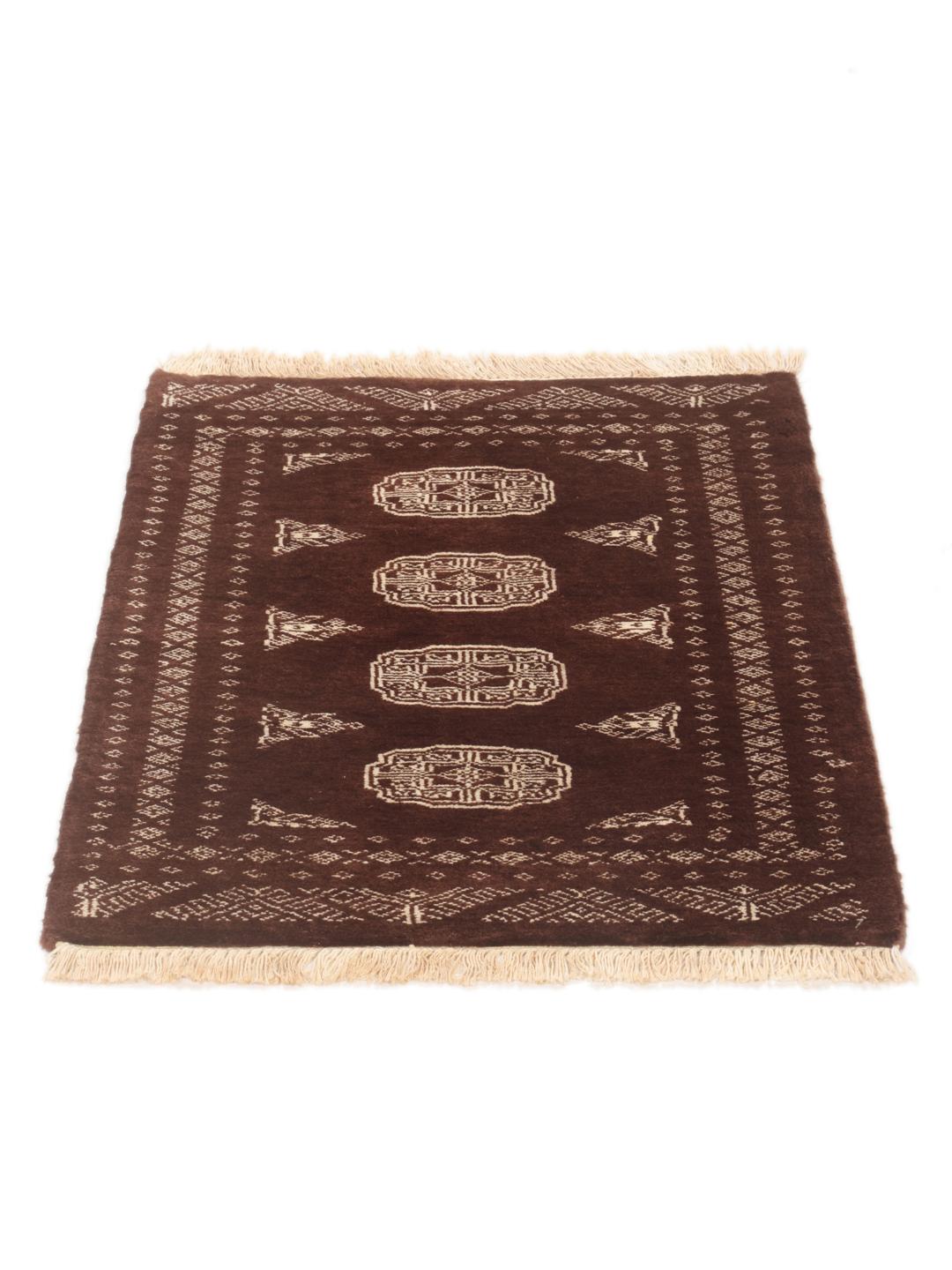 Hand-knotted Pakistan Bokhara rug in deep brown with traditional motifs