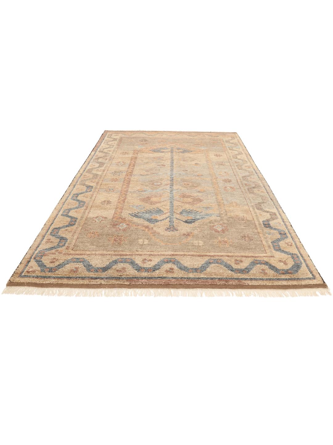 Handgeknoopt Usak Indo tapijt uit India in beige en gedempte blauwtinten