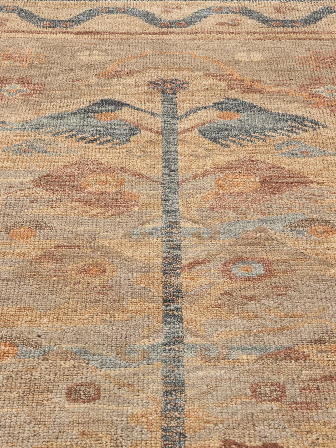 Handgeknoopt Usak Indo tapijt uit India in beige en gedempte blauwtinten