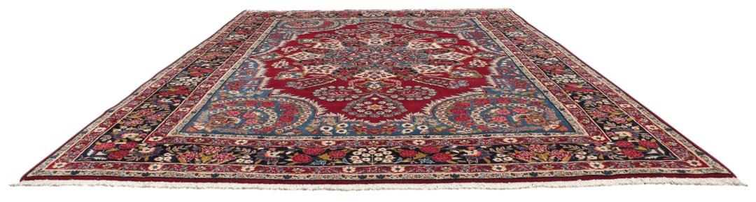 Handgeknoopt Keshan-tapijt met bloemmotieven in donkerrood en blauw