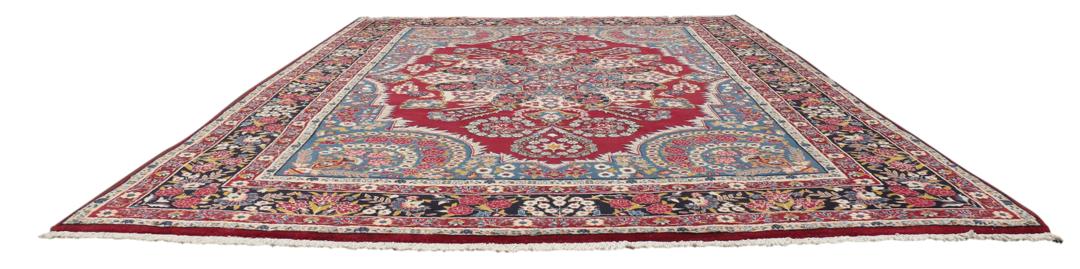 Handgeknoopt Keshan-tapijt met bloemmotieven in donkerrood en blauw