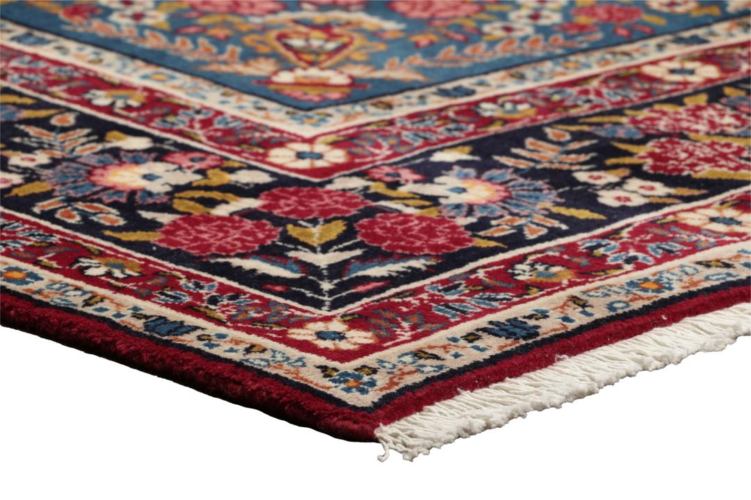 Handgeknoopt Keshan-tapijt met bloemmotieven in donkerrood en blauw