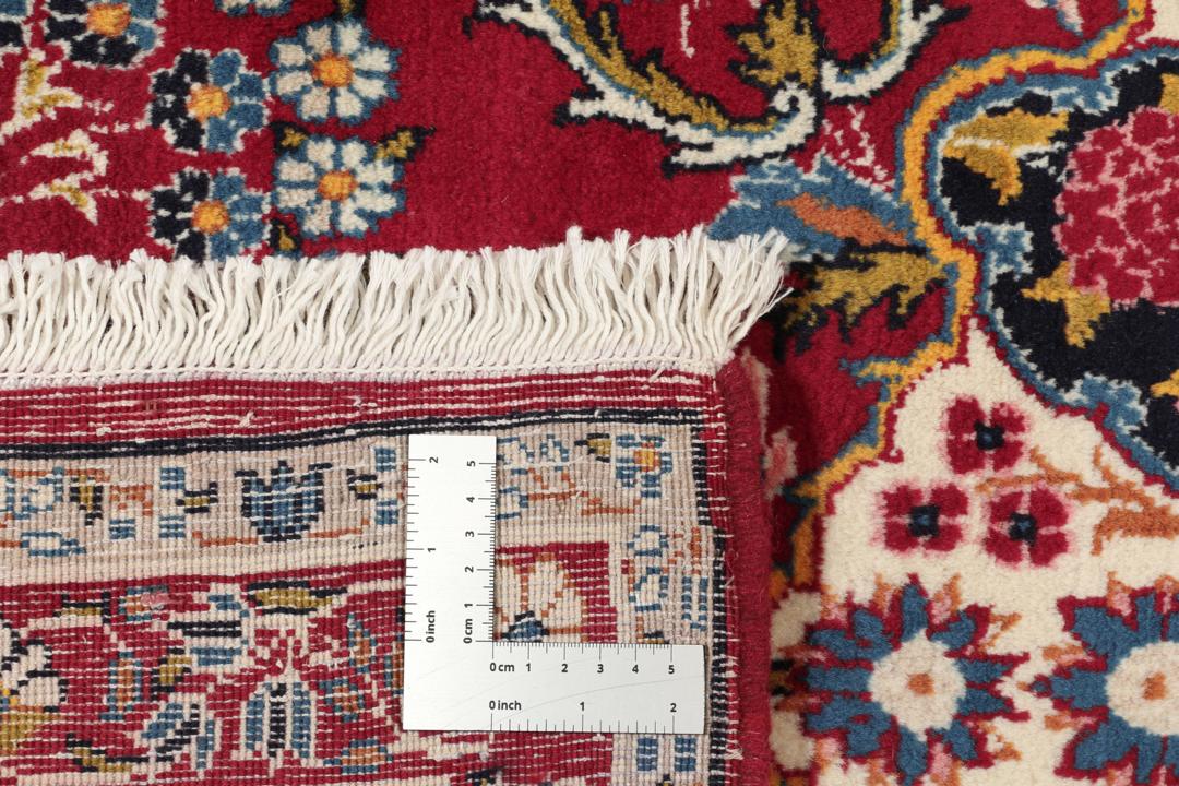 Handgeknoopt Keshan-tapijt met bloemmotieven in donkerrood en blauw