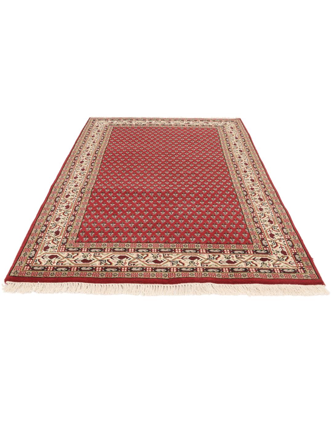 Handgeknoopt rood Mir Indo tapijt met traditionele bloemmotieven uit India.