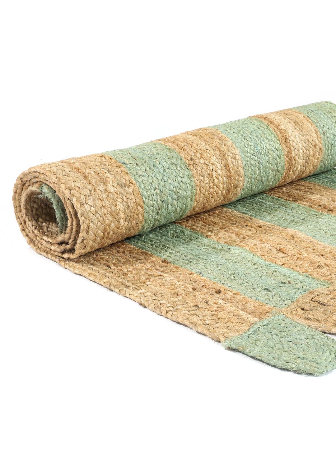 Handgeweven groene en beige jute loper
