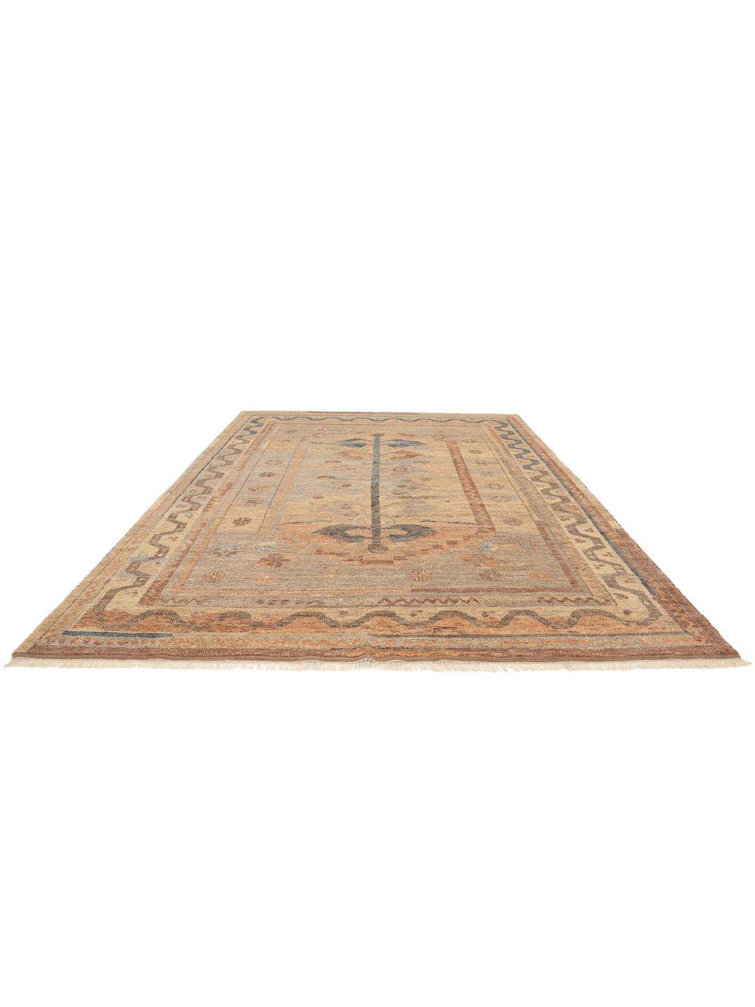 Handgeknoopt Indiaas Usak-tapijt in beige en blauw met een levensboompatroon.