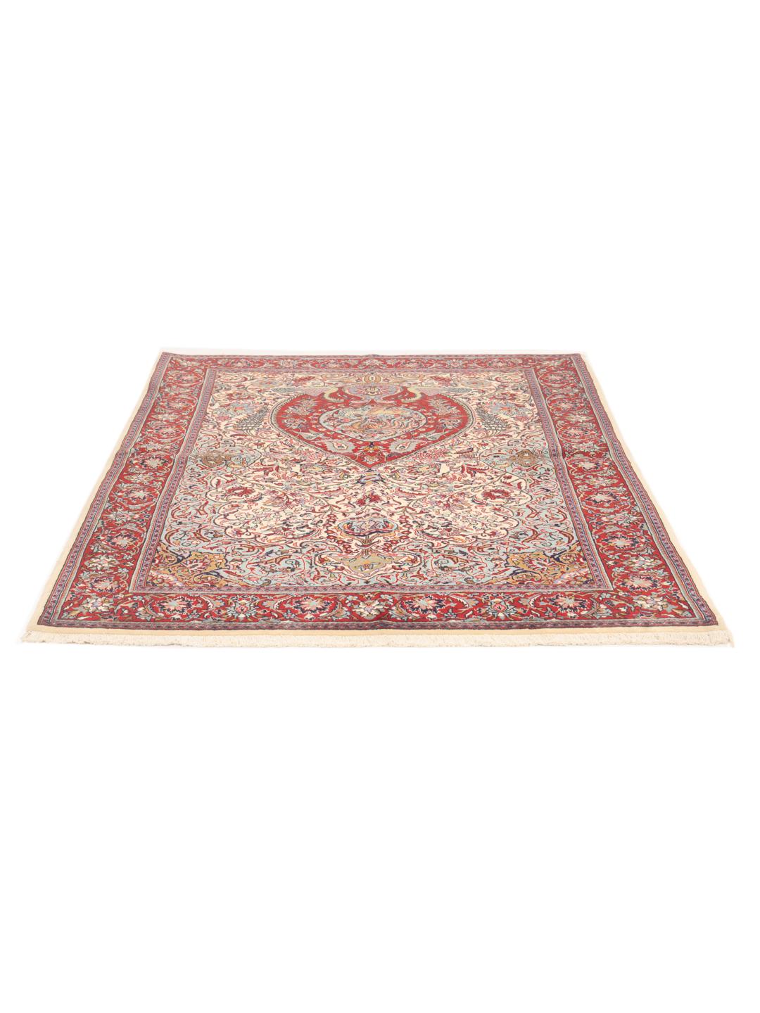 Hand-knotted Sarough rug from the Middle East featuring a vibrant red and blue pictorial floral design