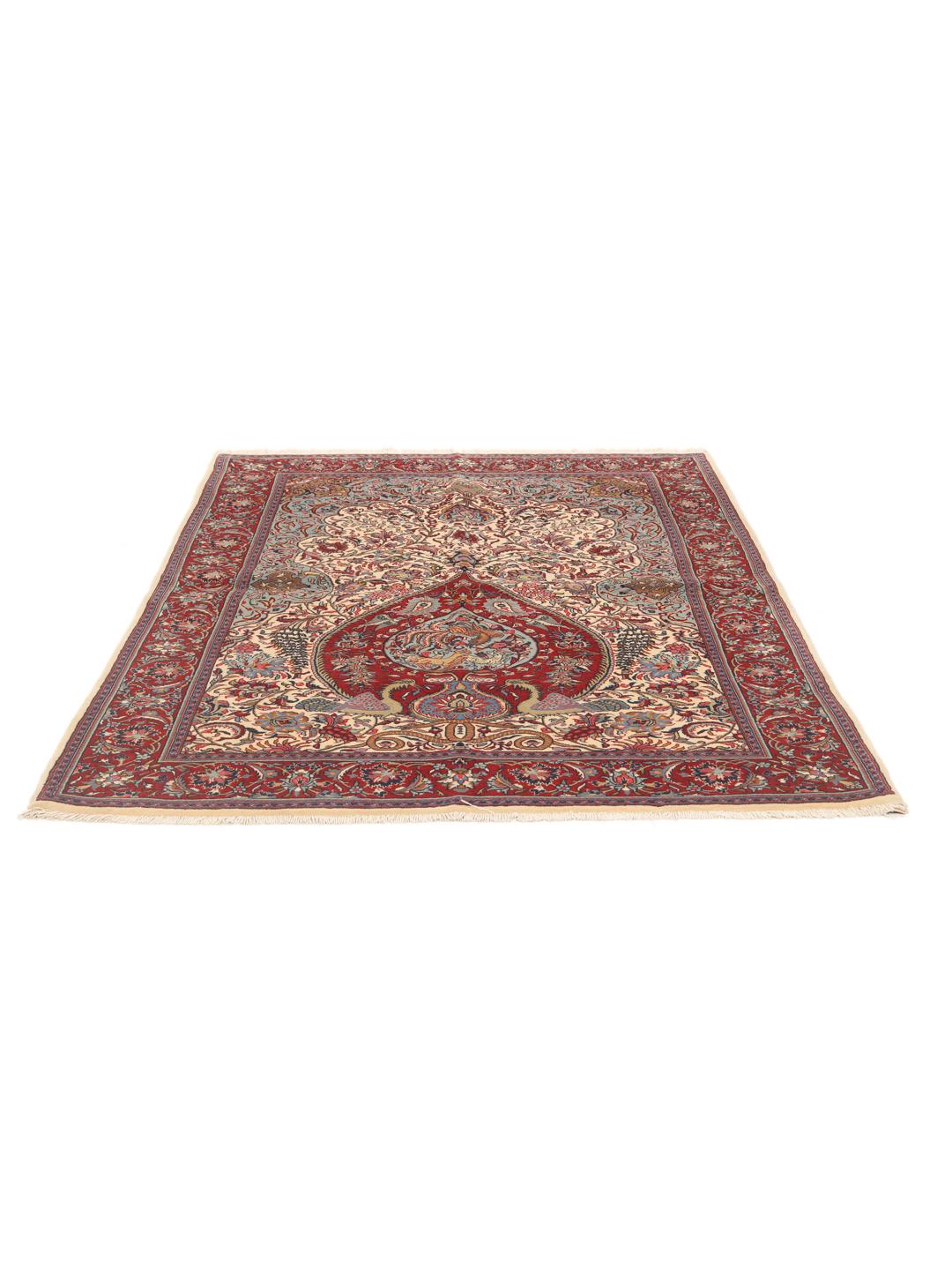 Hand-knotted Sarough rug from the Middle East featuring a vibrant red and blue pictorial floral design