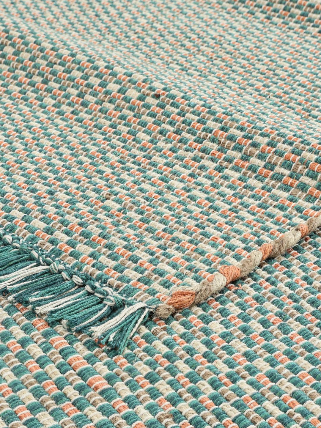 Handgeweven vloerkleed in turquoise, teal en koraalrood