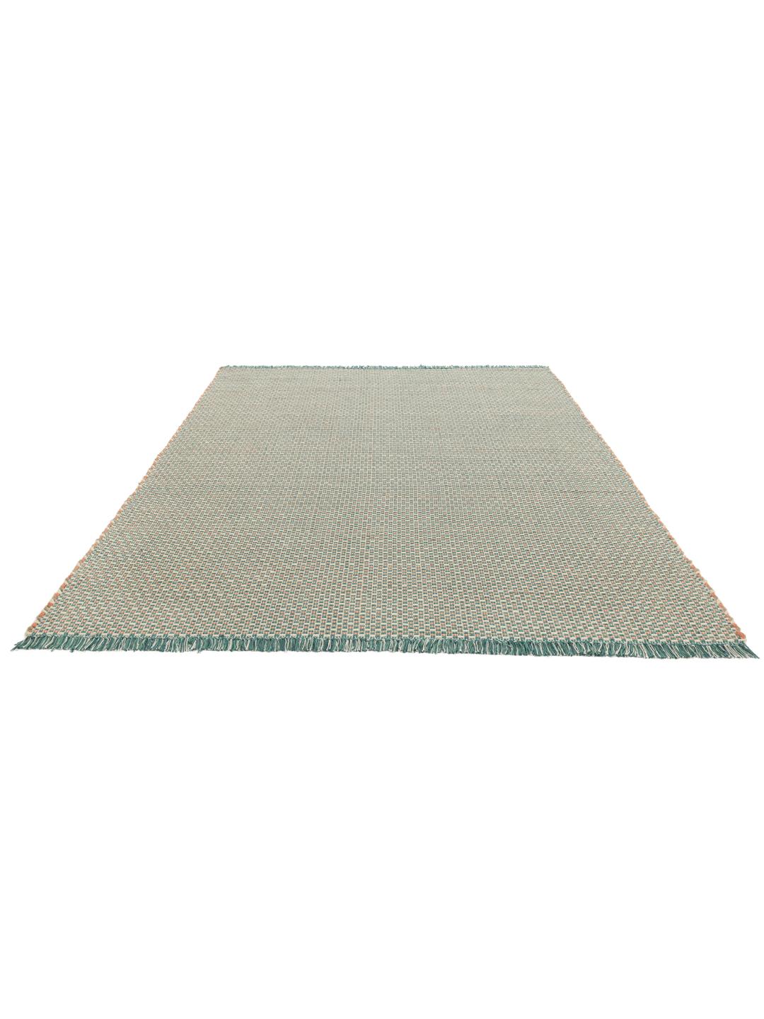 Handgeweven vloerkleed in turquoise, teal en koraalrood