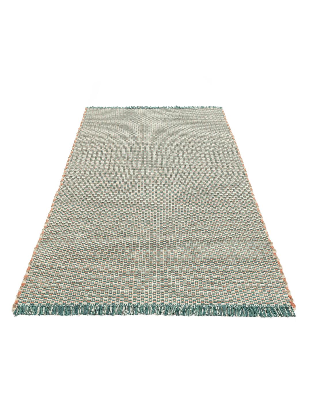 Handgeweven turquoise en blauwgroene loper met franjes